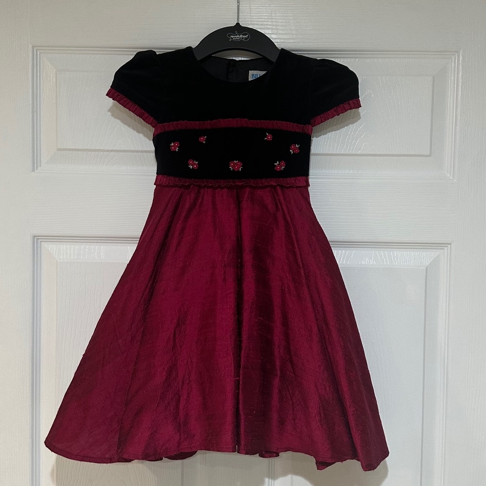 Luli & Me Girls Silk Burgundy & Black Velvet Dress Size 4